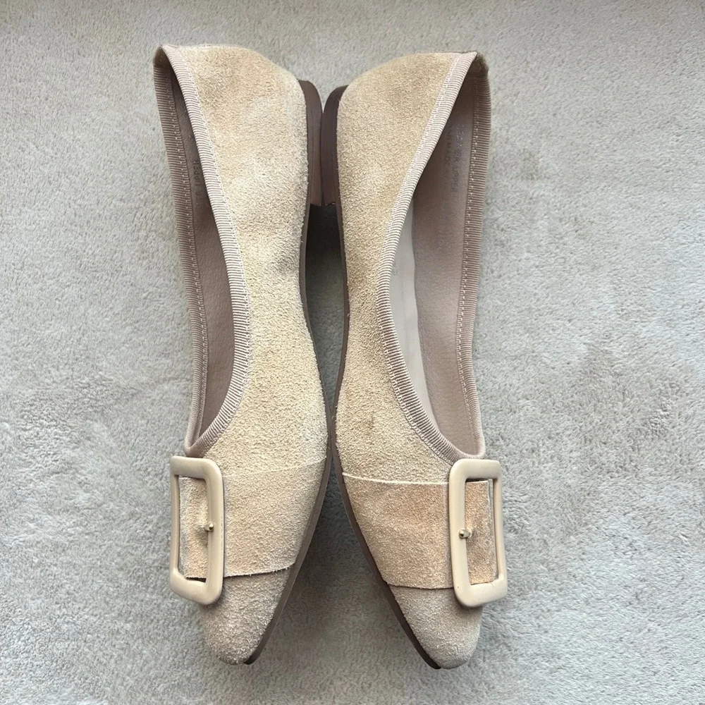 Avellini Women 8 EU‎ 39 Tan Suede Pointed Toe Buckle Ballet Flats Italy Classic